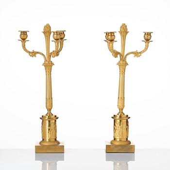 A pair of Empire ormolu three-light candelabra, Stockholm, early 19th century.