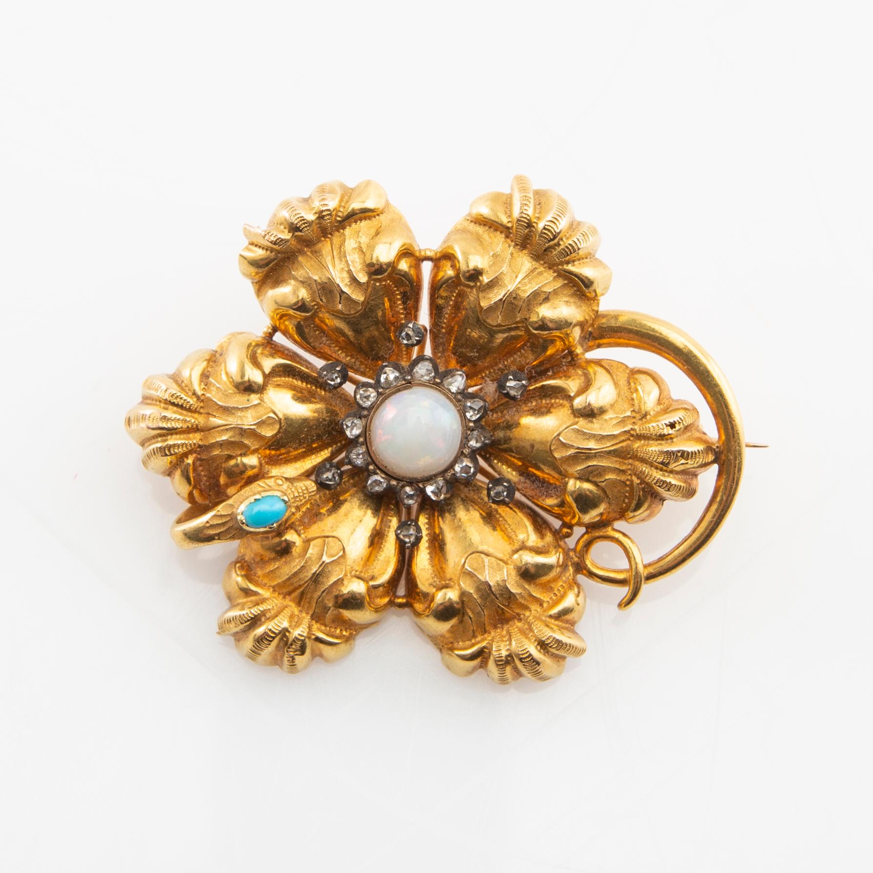Giron & Löngren, Brooch 18K gold with rose-cut diamonds, cabochon-cut turquoise, and an opal, Stockholm 1832.