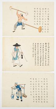 Unidentified artist, three Chinese gouache paintings on rice paper, 20th century.