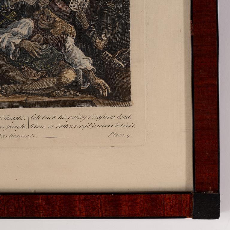 William Hogarth, efter, åtta stycken kolorerade etsningar och gravyrer.