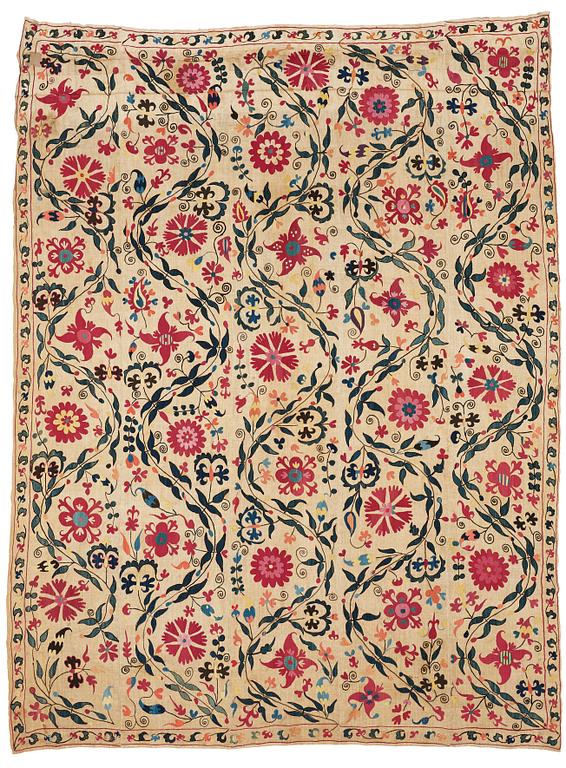 An embroidery, an antique suzani, Ura Tube or the Ferghana valley, ca 250,5-253,5 x 185,5-191,5 cm.