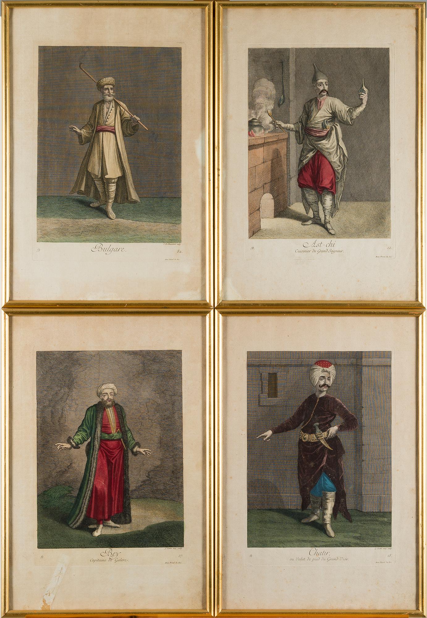 EIGHTEEN ENGRAVINGS, from Le Recueil Ferriol, ca 1714, hand coloured.