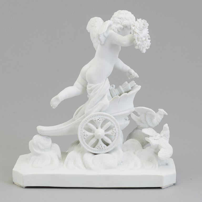 A bisquit figure of a putto on a chariot, Paris, France, possibly 18th Century.