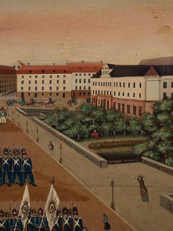 Svensk konstnär, omkring 1840, Vaktavlösning, Norrbro.