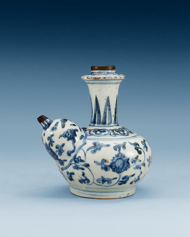 A blue and white kendi, Ming dynasty, 17th Century.