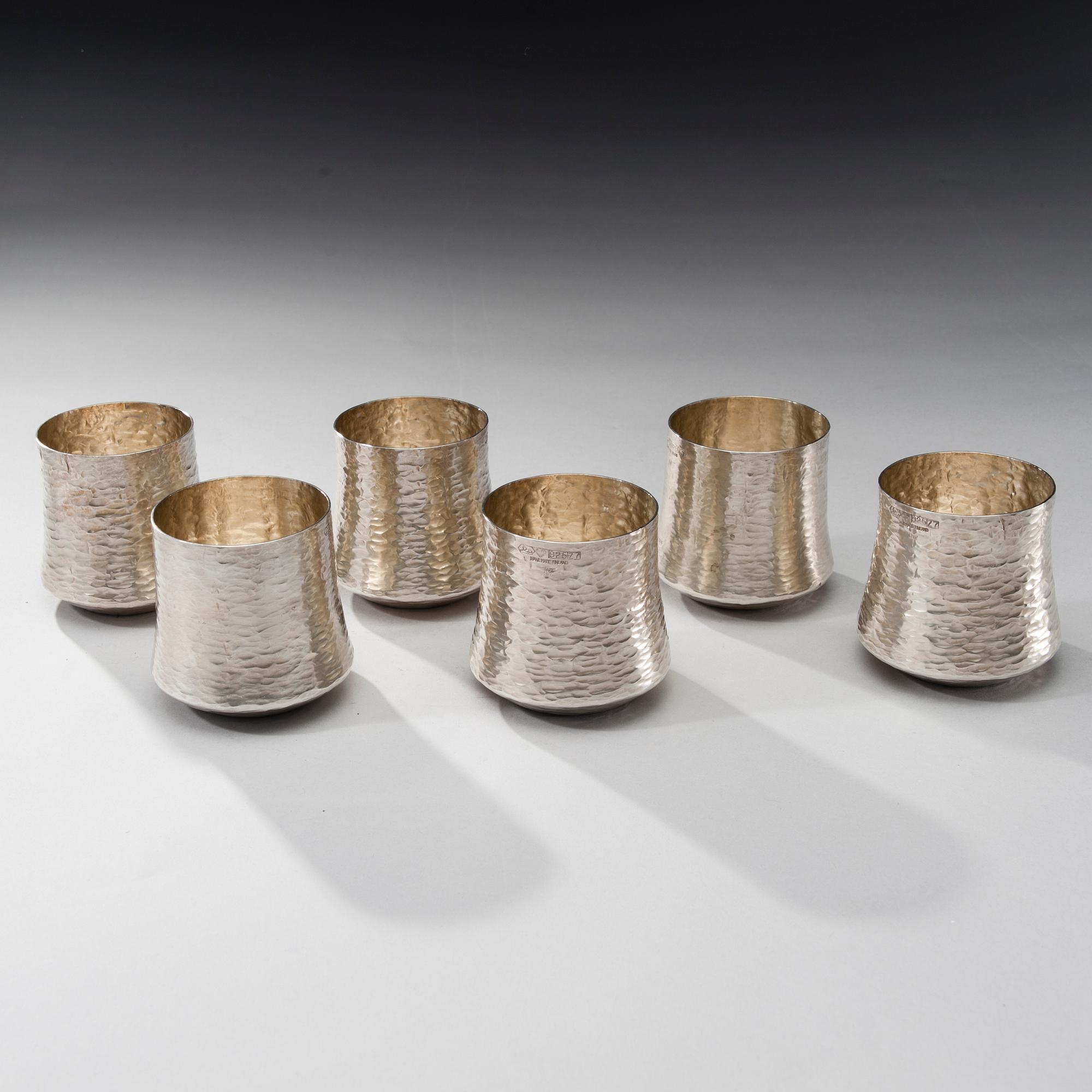 BÄGARE, 6 st, sterling silver, Tapio Wirkkala, Hopeakeskus, Tavastehus 1977. Tot. vikt ca 1112 g.