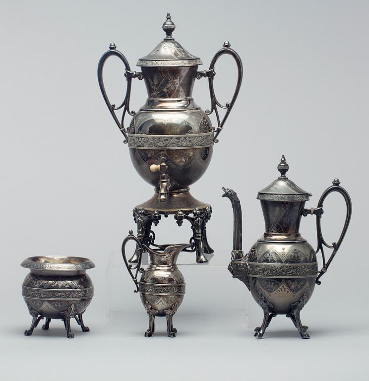 SAMOVAR samt KANNA, SOCKERSKÅL  och GRÄDDKANNA, ca 1870-80, plate USA.