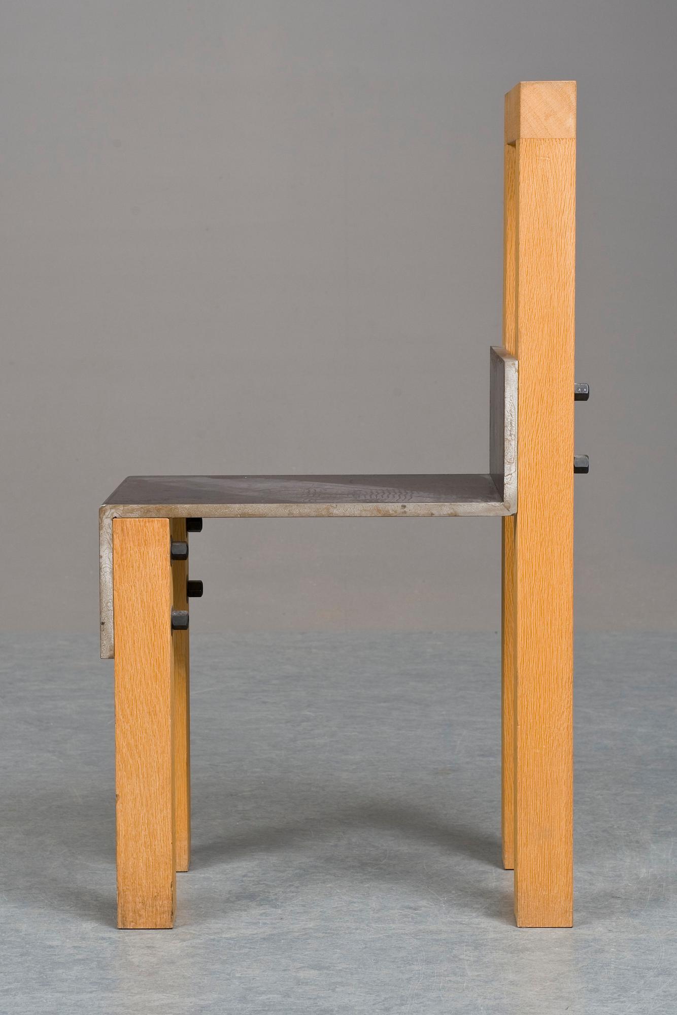 A Jonas Bohlin oak and iron chair "Sto", Stockholm 1990.
