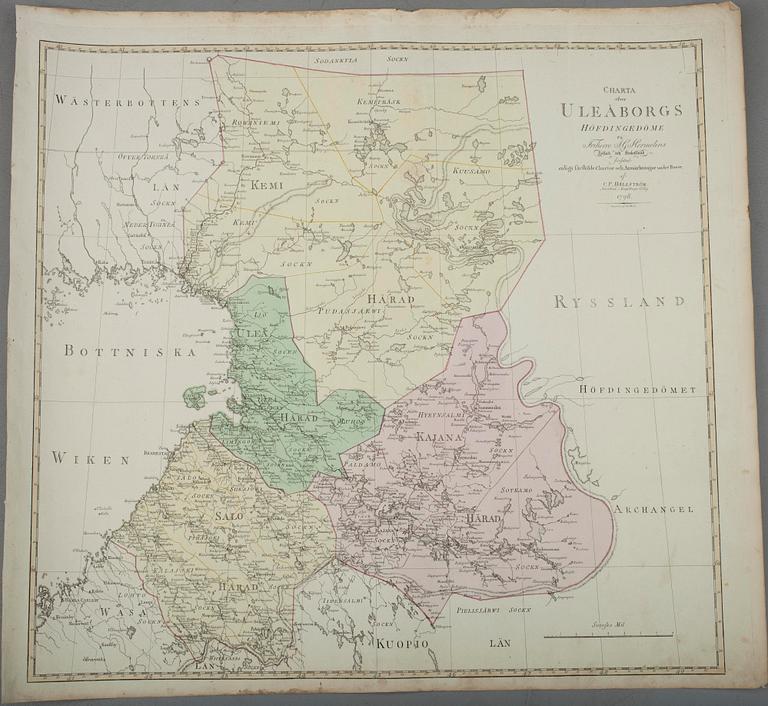 KARTA. Charta öfver Uleåborgs Höfdingedöme 1798, C.P. Hällström, gravör Fr. Akrel.