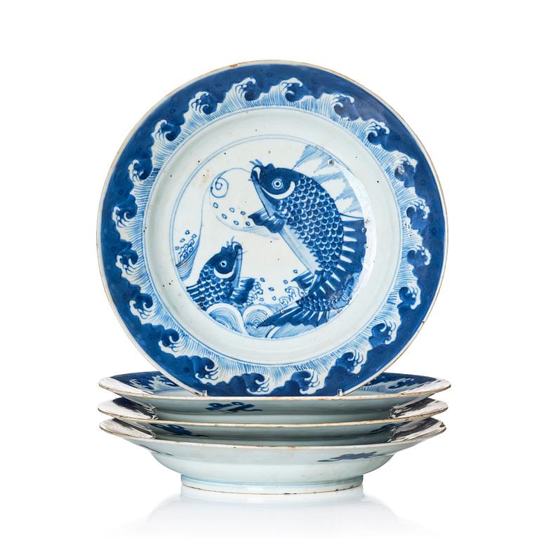 A set of four blue and white dishes with leaping carp, Qing dynasty, Kangxi (1662-1722).