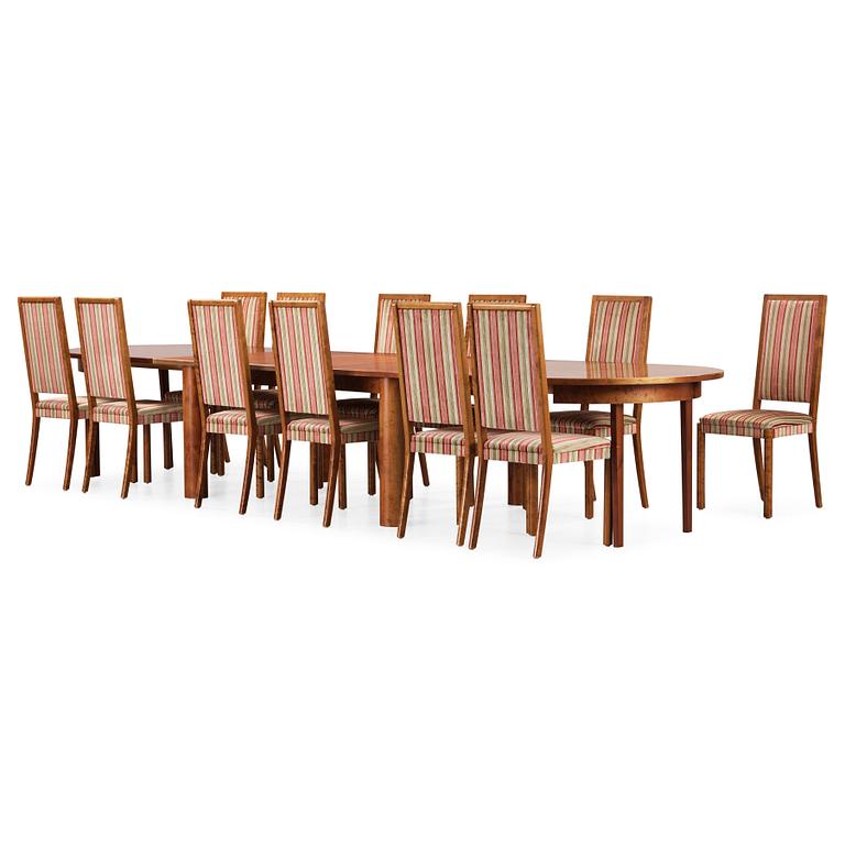 Wiwen Nilsson, a stained birch dining room set with a table and twelve chairs, Sweden 1930-40-tal.