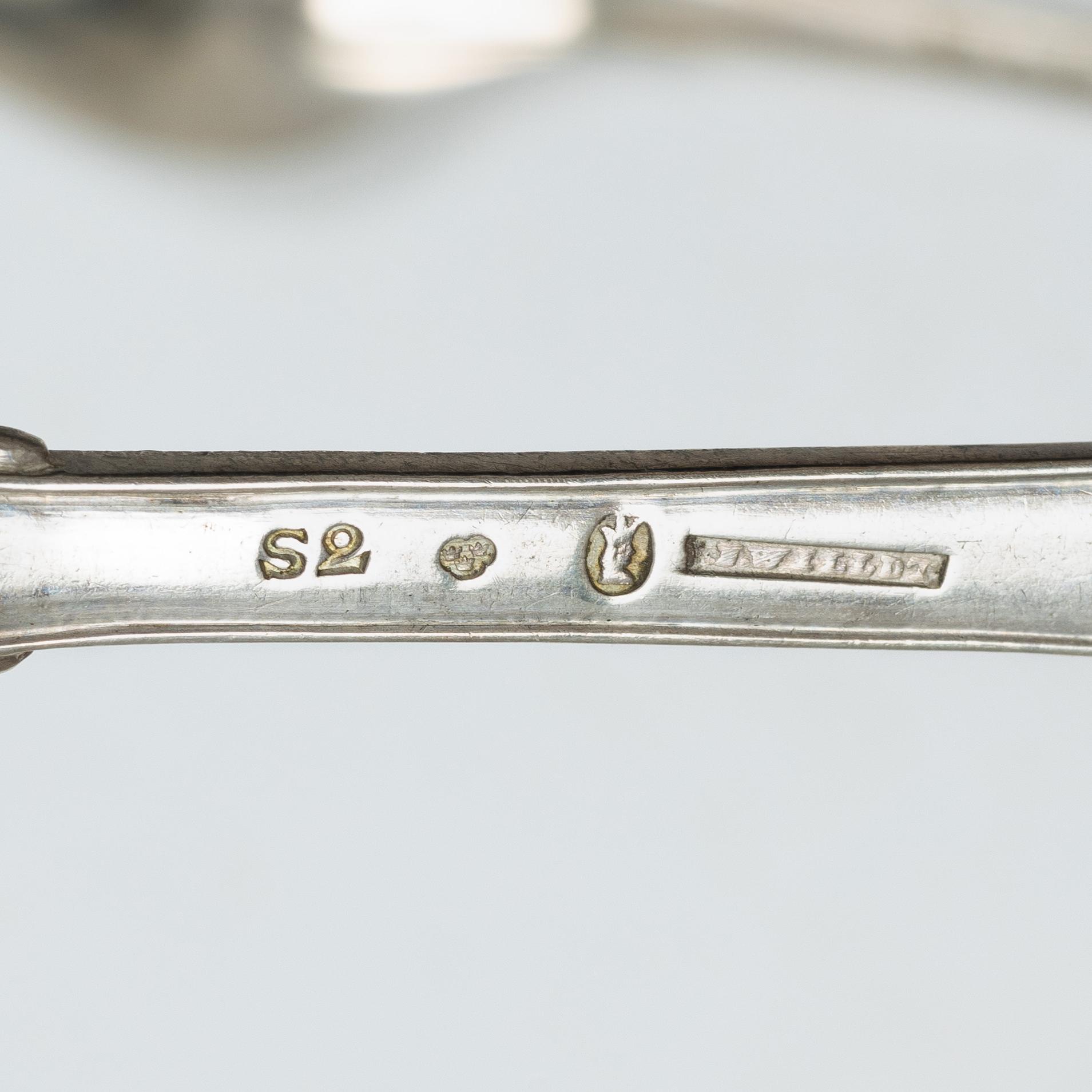 Five Swedish silver tablespoons, Stockholm, 1800–1825.