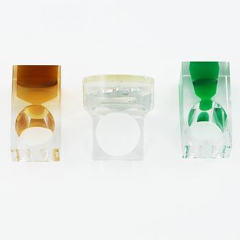 Siv Lagerström, three rings, and three sculptures, acrylic plastic, 1970s.