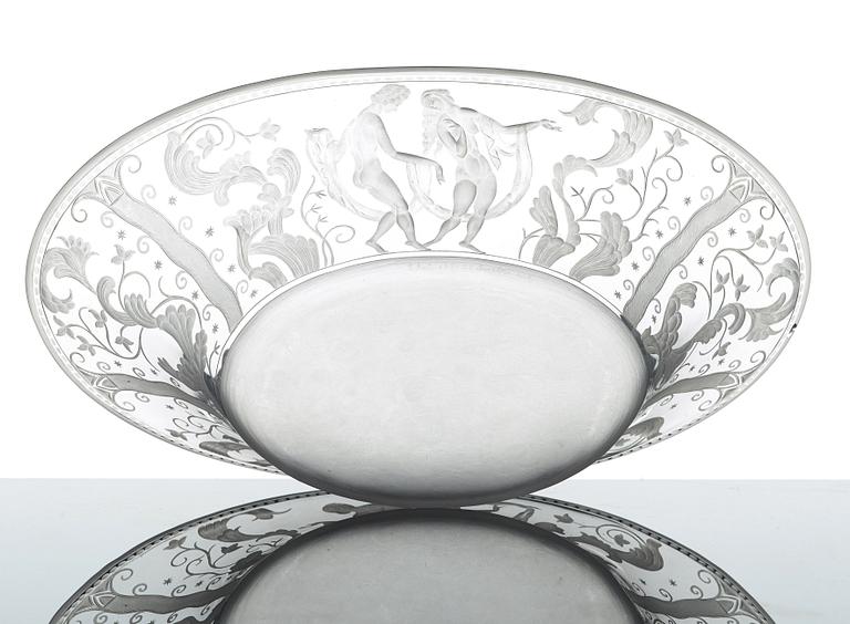 Simon Gate, an engraved glass bowl and stand, Orrefors, Sweden  1924, model 147.