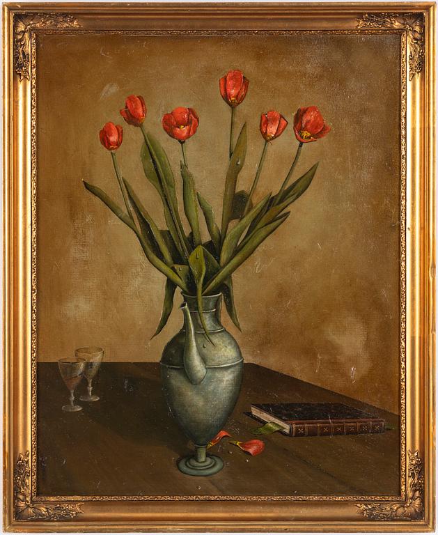 Unknown artist, Still life with tulips and book.