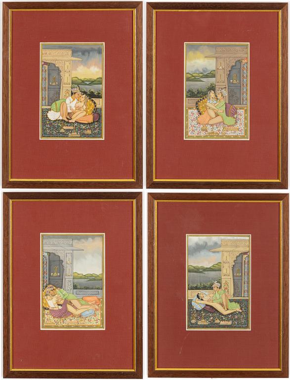 Unidentified artist, Erotic scenes in palace settings, India, 20th century. Four pieces.