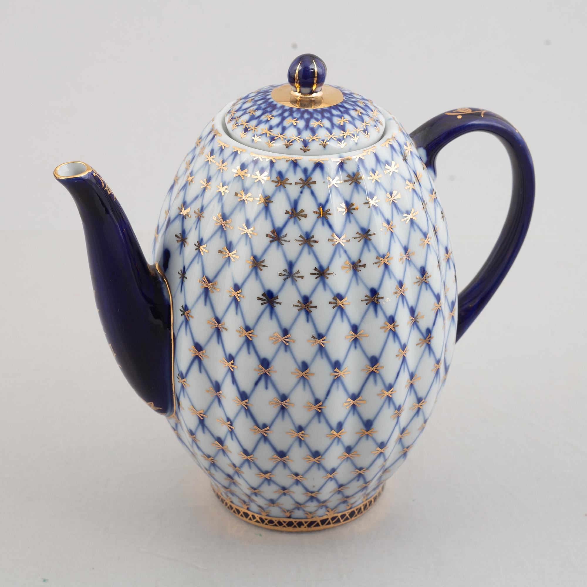Kaffeservis, 39 delar, porslin, "Cobalt Net", Lomonosov, Sovjetunionen.