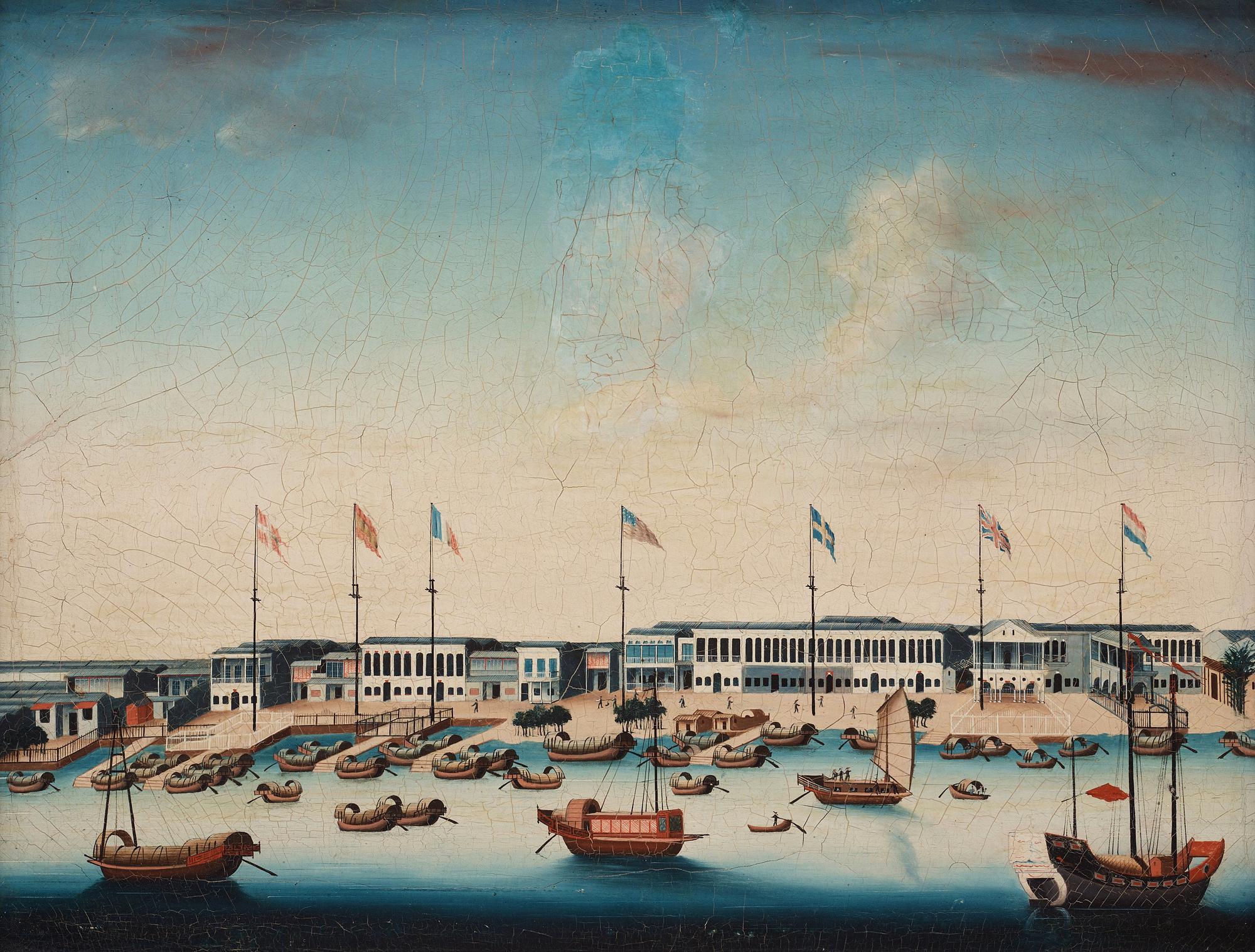Målning, okänd konstnär, vy över Kanton. Qingdynastin, omkring år 1800.