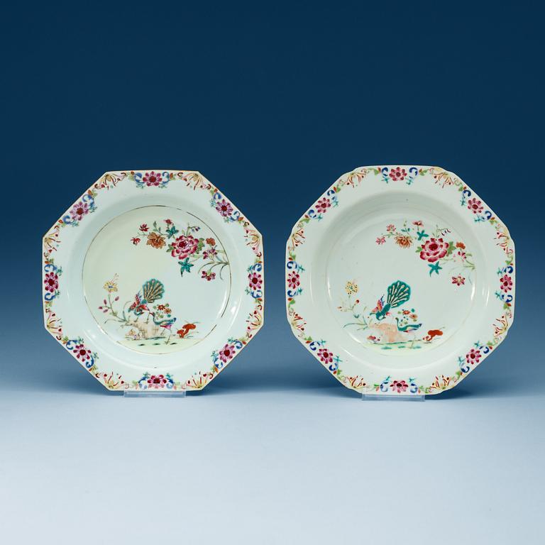 A set of seven (5+2) famille rose 'double peacook' dinner plates. Qing dynasty, Qianlong (1736-95).