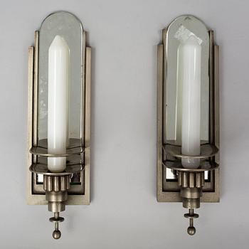 WALL LIGHTS, a pair of 1930's white metal and mirror glass.