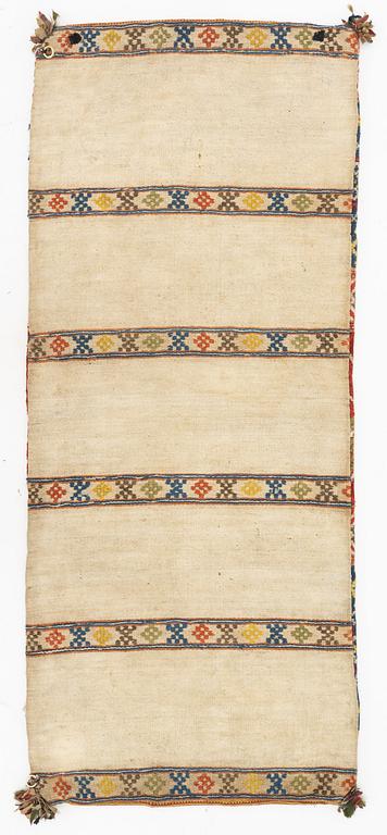 A flat weave carrgie cushion, Järrestad district, c 112 x 48 cm, mid 19th century.