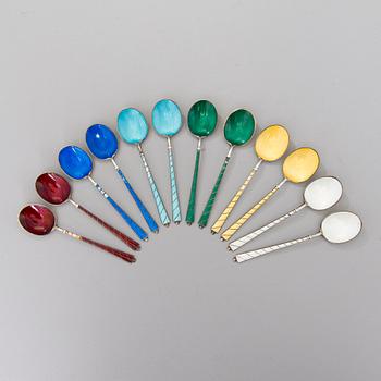 A SET OF TWELVE ENAMEL TEASPOONS, Denmark middle of the 20th century.