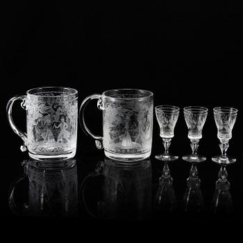 VICKE LINDSTRAND, three vodka glasses and two beer glasses, 'Dalecarlia' from Kosta.