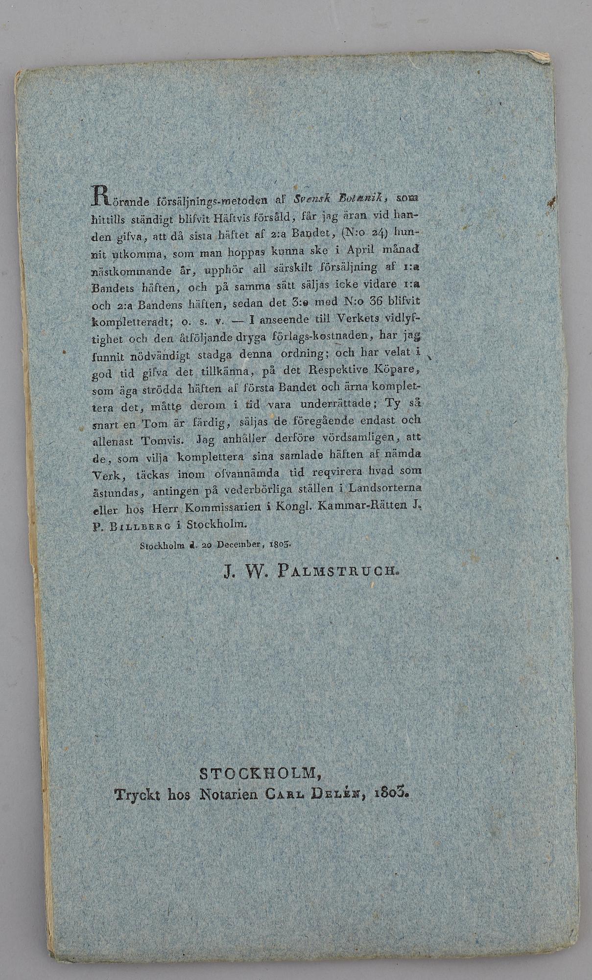 JOHAN WILHELM PALMSTRUCH, "Svensk Botanik, vol I-V. 1803-1805.