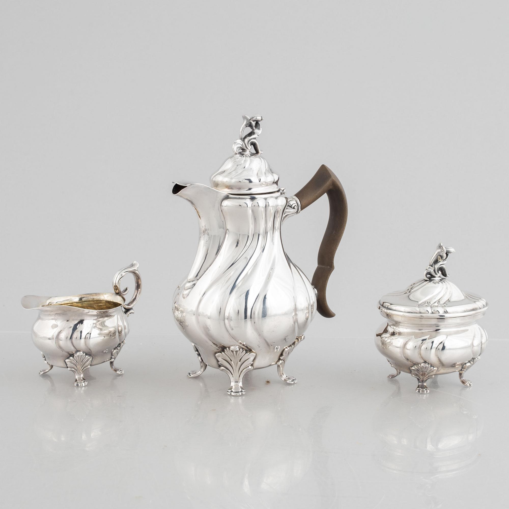 A three piece silver coffee set, mark of CG Hallberg, Stockholm 1944-1946.
