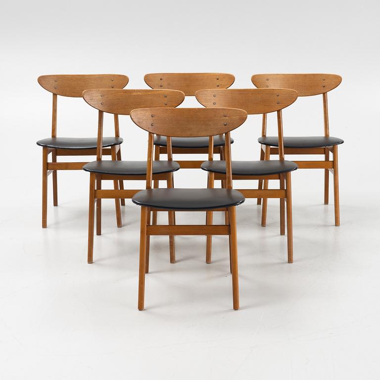 Six beech and teak dining chairs, Farstrup, Denmark, 1960s.