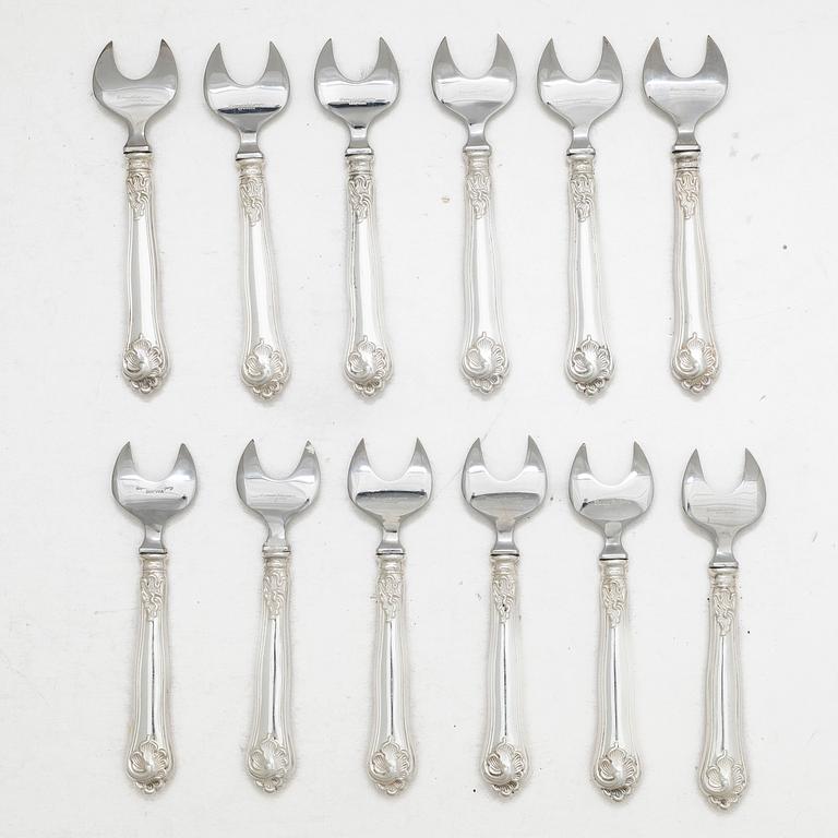 Ostrongafflar, 12 st, silver, modell "Sachsisk", svensk importstämpel.