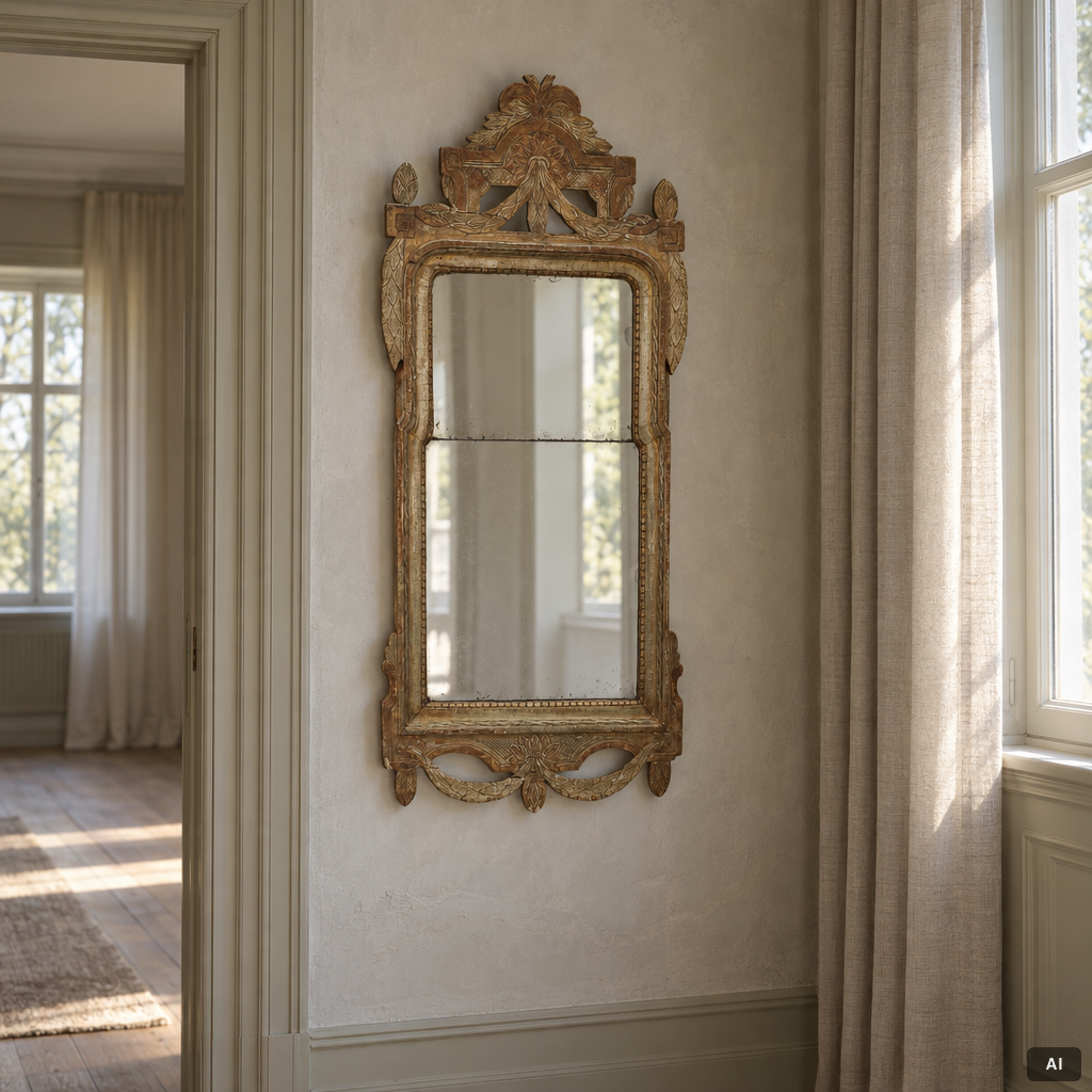 A Gustavian giltwood mirror, Stockholm, late 18th century.
