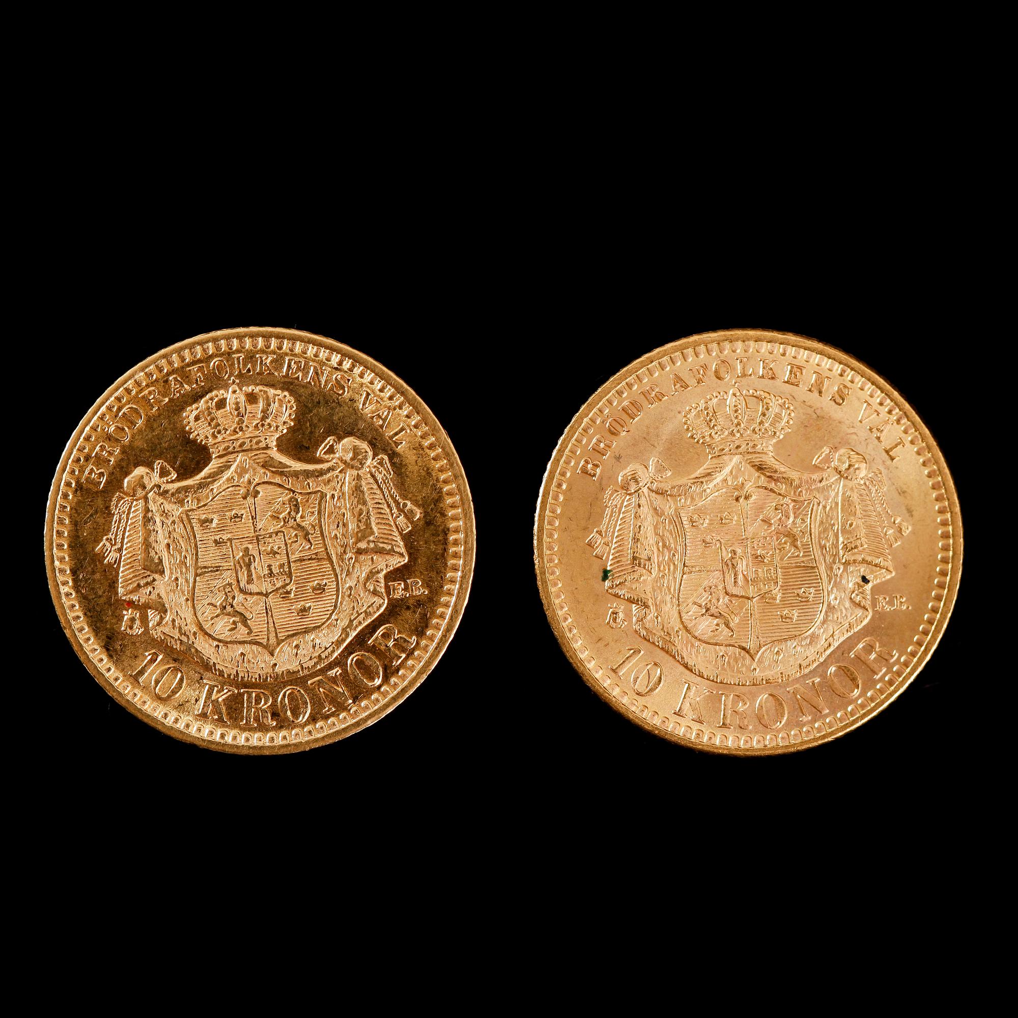 GULDMYNT, 2 st, 10 kronor, Oscar II, 1901.  Vikt ca 9 gram.