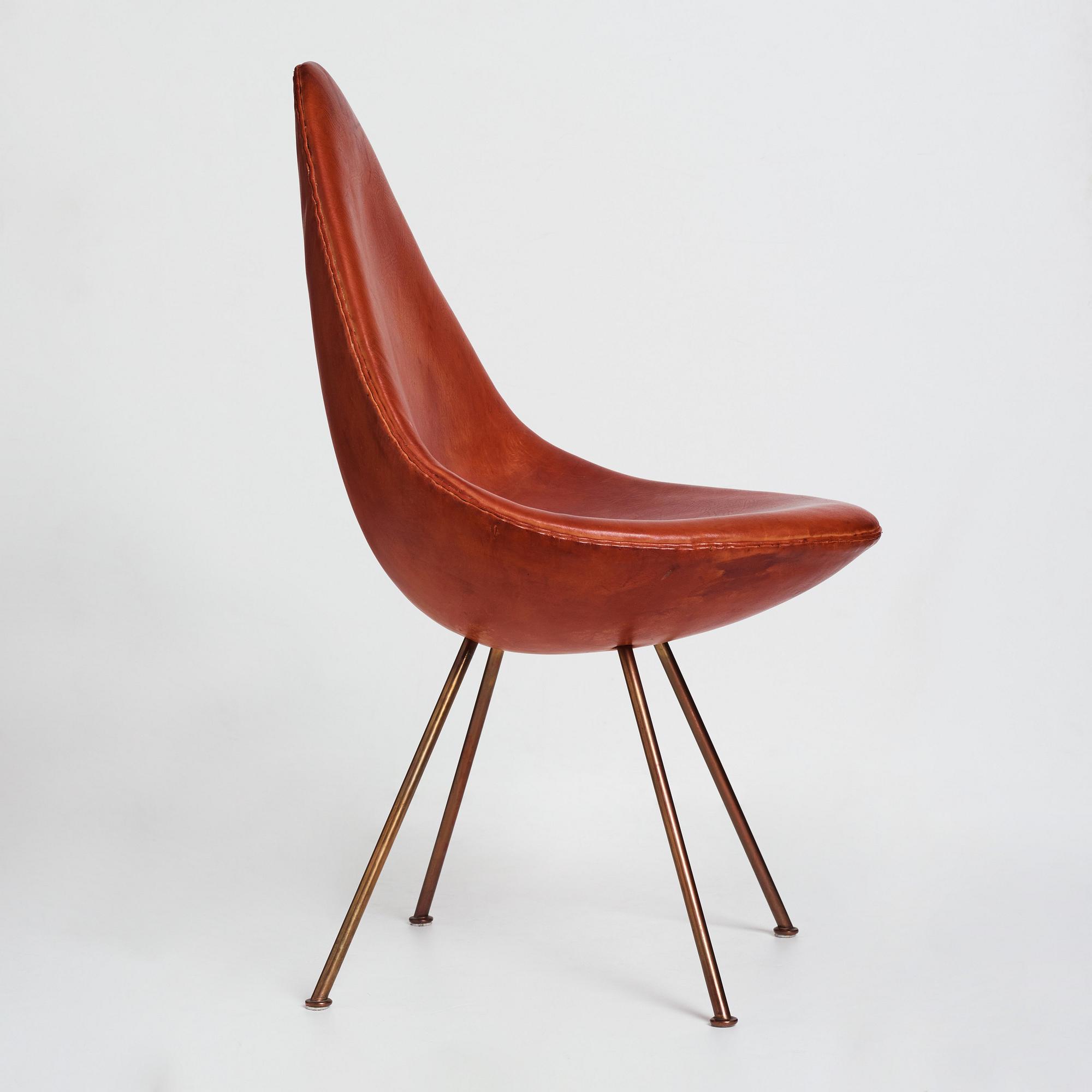 Arne Jacobsen, a cognac coloured leather "Drop chair", Fritz Hansen, Denmark 1964.