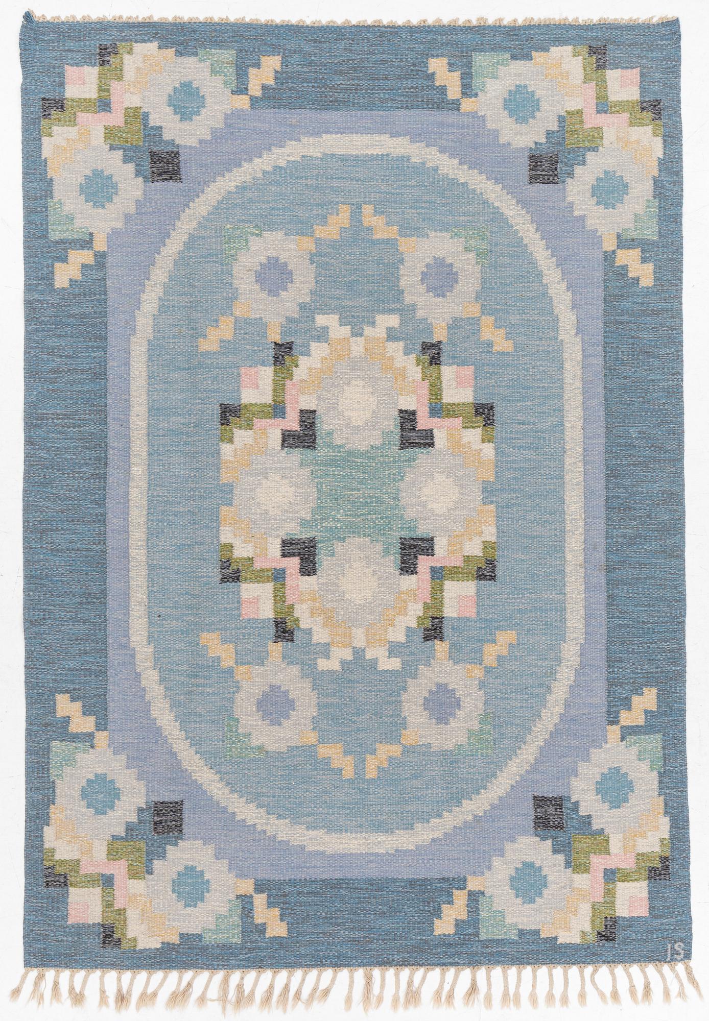 Ingegerd Silow, a carpet, 'Malmsjön' flat weave, c 238 x 166 cm, signed IS.