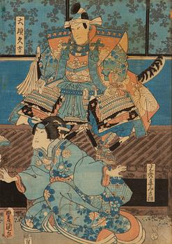 Utagawa Kunisada, triptyk, färgträsnitt. Japan, 1800-tal.