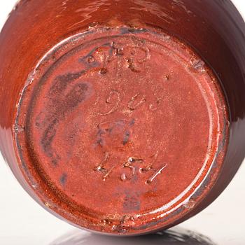 Hilma Persson-Hjelm, a glazed earthenware art nouveau vase, executed in her studio, Arvika, 1908. No 454.