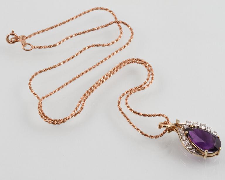 HÄNGE, 18K guld med briljantslipade diamanter och droppslipad ametist, Hallberg, Köping. Vikt 7,1 gram.