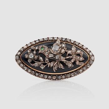 1448. A late Victorian rose-cut diamond and dark blue enamel brooch.