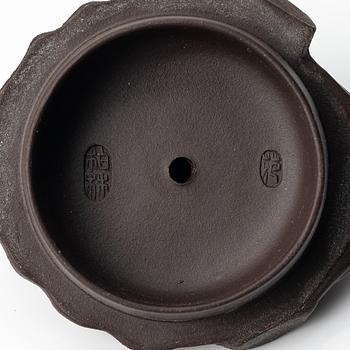 A poychrome yixing 'three legged toad' / 'Jin Chan' teapot, China, 1990s.