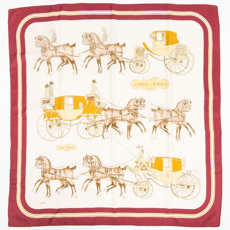 Hermès, scarfar, 2 st, "Coach & Saddle" och "Les Voitures a Transformation".
