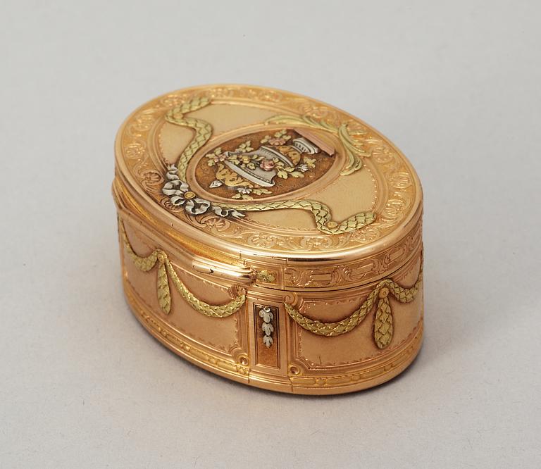 A Swedish 18th century cinq couleurs gold snuff-box, makers mark of Anders Zachoun, Stockholm 1772.