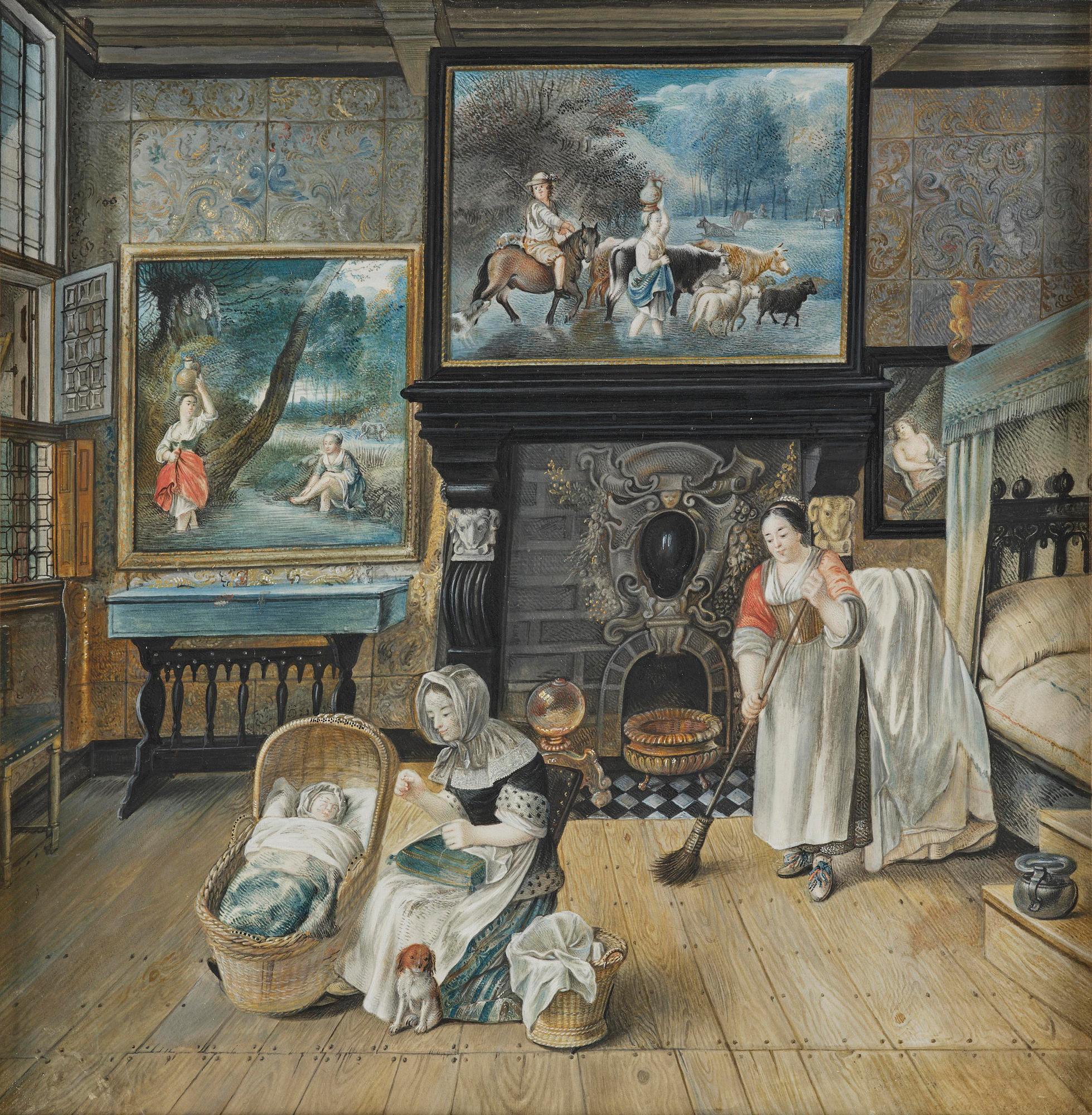 Jean Briand de Crèvecoeur, Bedchamber interior with figures, dog, and paintings by Jan Siberechts.
