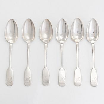 A set of six Russian silver tablespoons, Saint Petersburg 1882 - early 20th century.