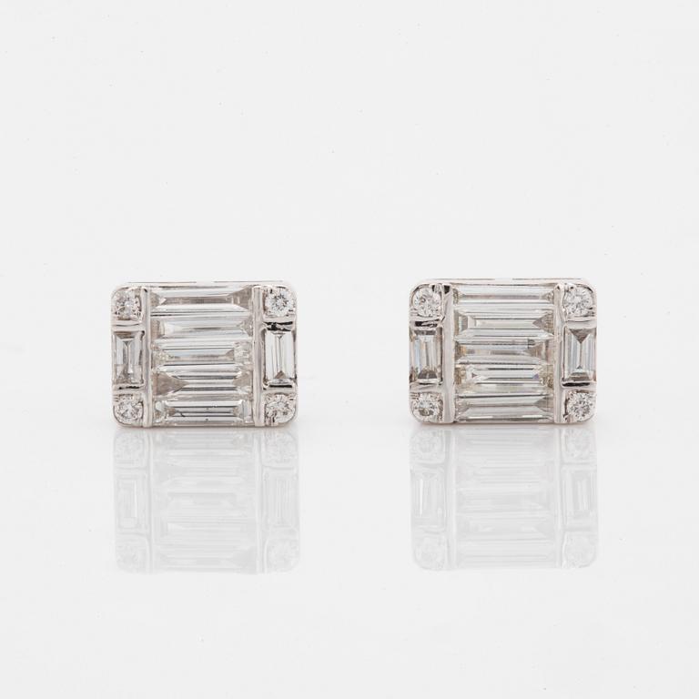 Baguette and brilliant-cut diamond earrings.