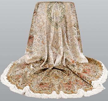 An oval pictoral silk carpet, ca 273 x 180 cm.