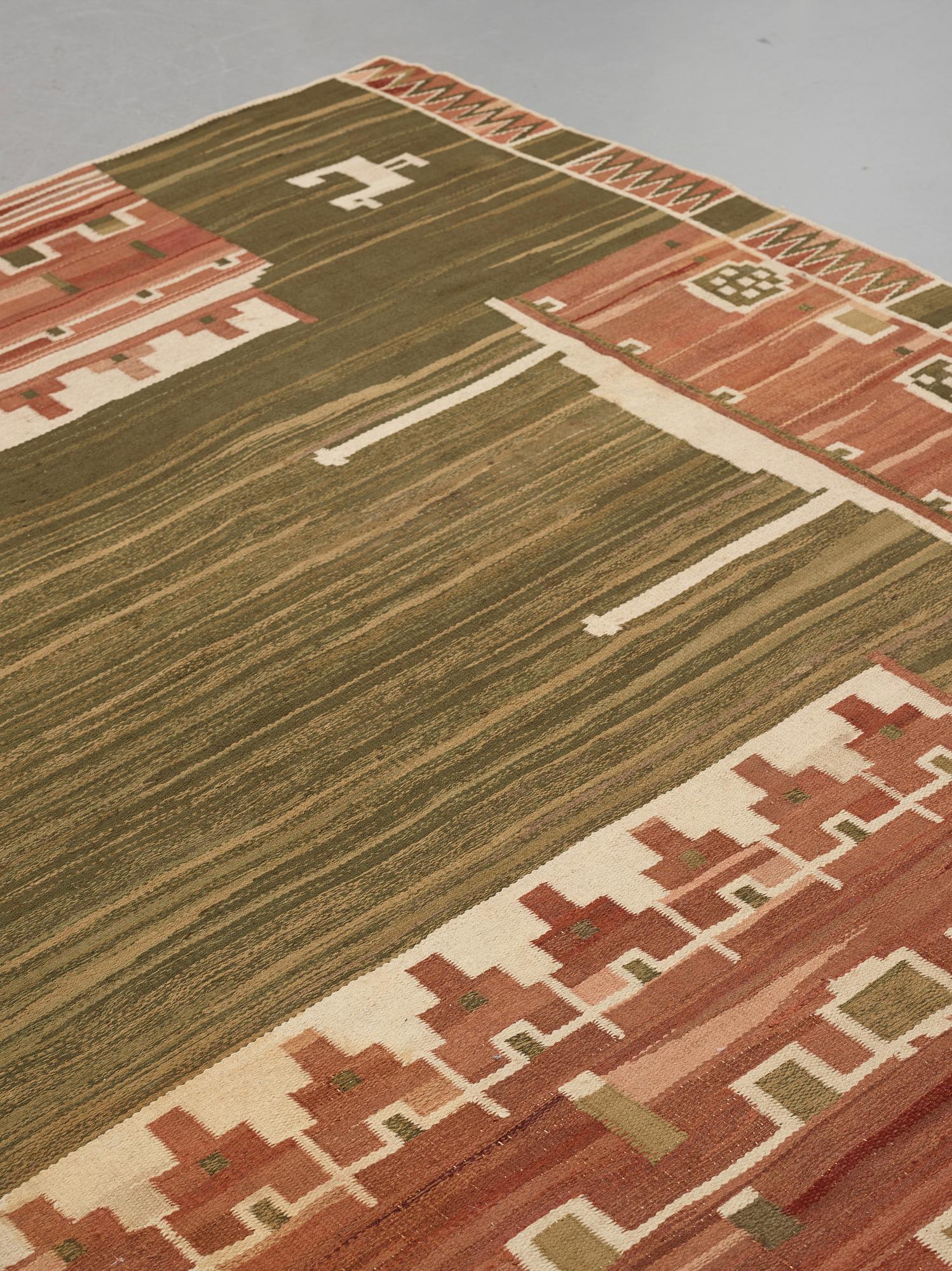 Barbro Nilsson, Matto,"Slottet", flat weave, ca 280-282 x 295,5-309,5 cm, designed by Barbro Nilsson, unsigned.