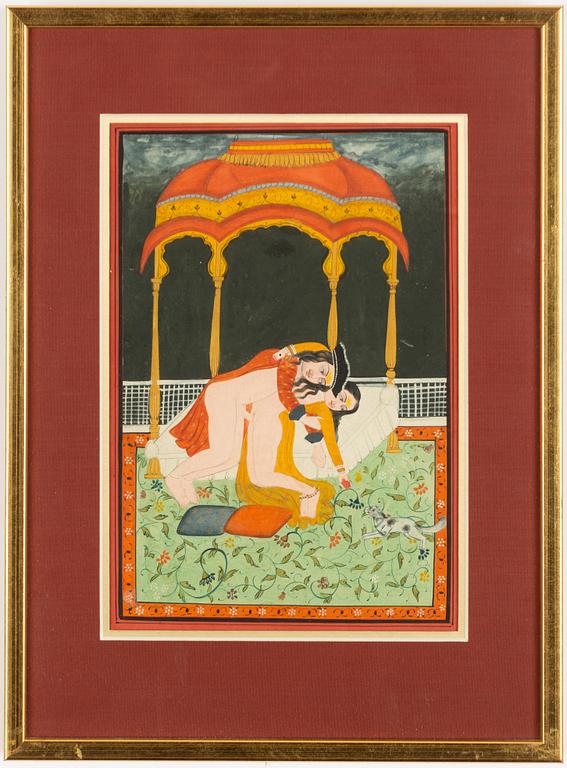 Oidentifierad konstnär, Erotiska scener, Indien, 1900-tal. Två stycken.