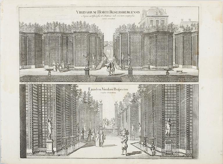 GRAVYRER, 5 st. Ur Suecia antiqua et Hodierna. Ur originalutgåvan, 1700-talets början. Föreställande Rosersbergs slott.