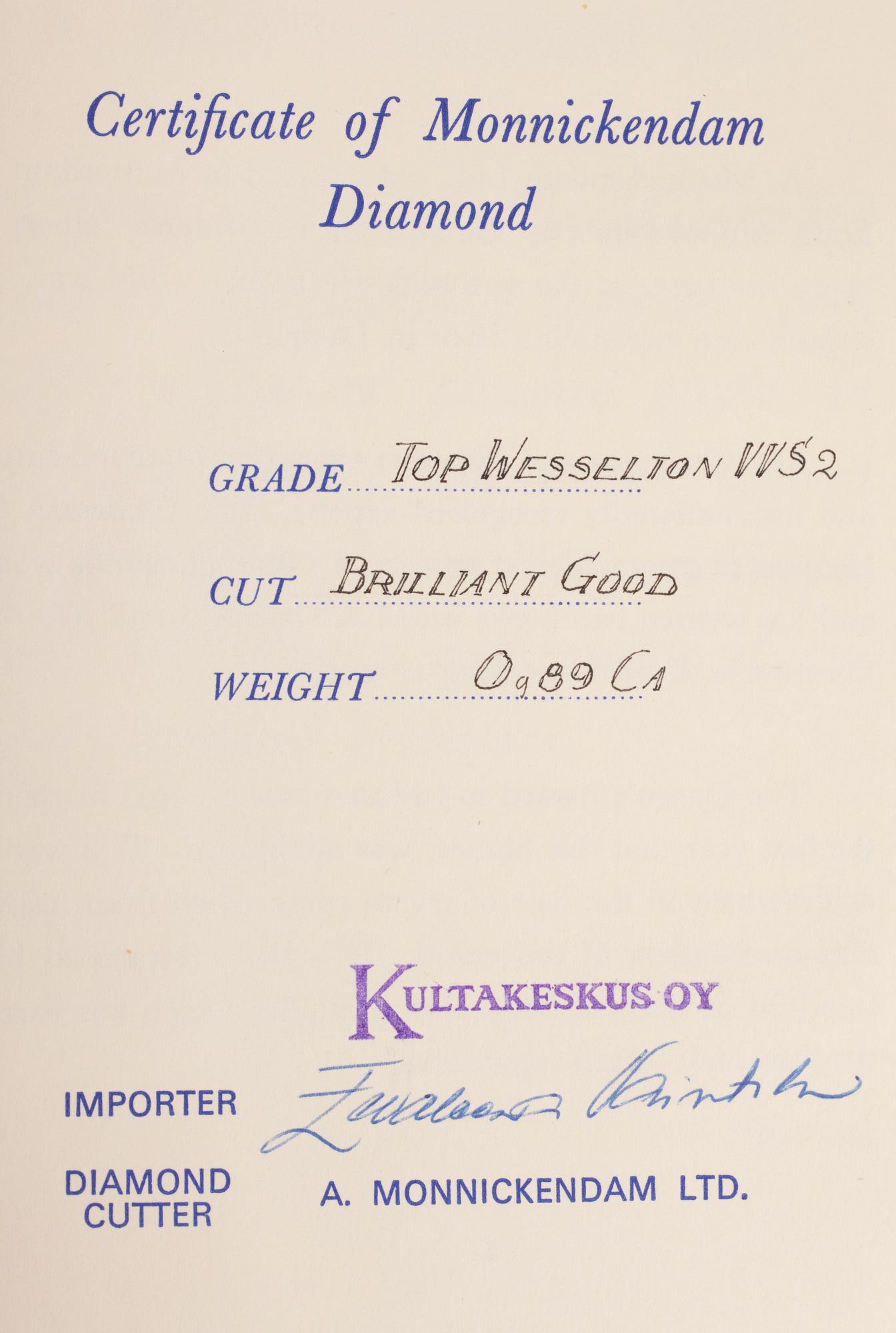 DIAMANT, briljantslipad 0,89 ct F-G (Top Wesselton) / VVS2.